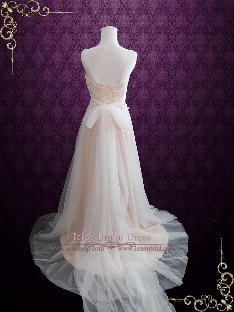 Ready to Wear Blush Boho Beach Lace Wedding Dress with Illusion Neckline SARA