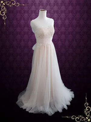 Ready to Wear Blush Boho Beach Lace Wedding Dress with Illusion Neckline SARA