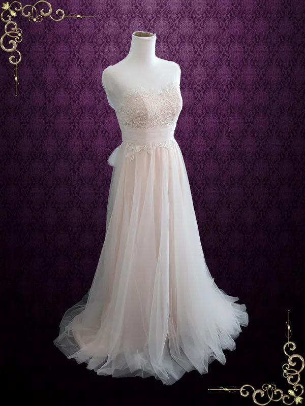 Ready to Wear Blush Boho Beach Lace Wedding Dress with Illusion Neckline SARA