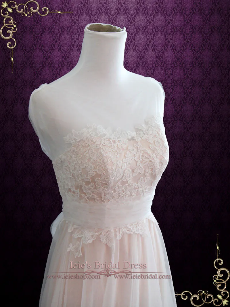 Ready to Wear Blush Boho Beach Lace Wedding Dress with Illusion Neckline SARA
