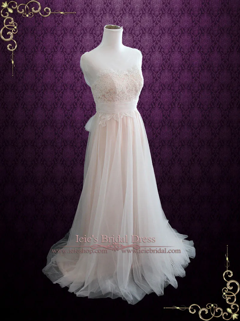 Ready to Wear Blush Boho Beach Lace Wedding Dress with Illusion Neckline SARA