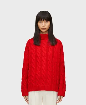 Red cashmere cable knit turtleneck sweater