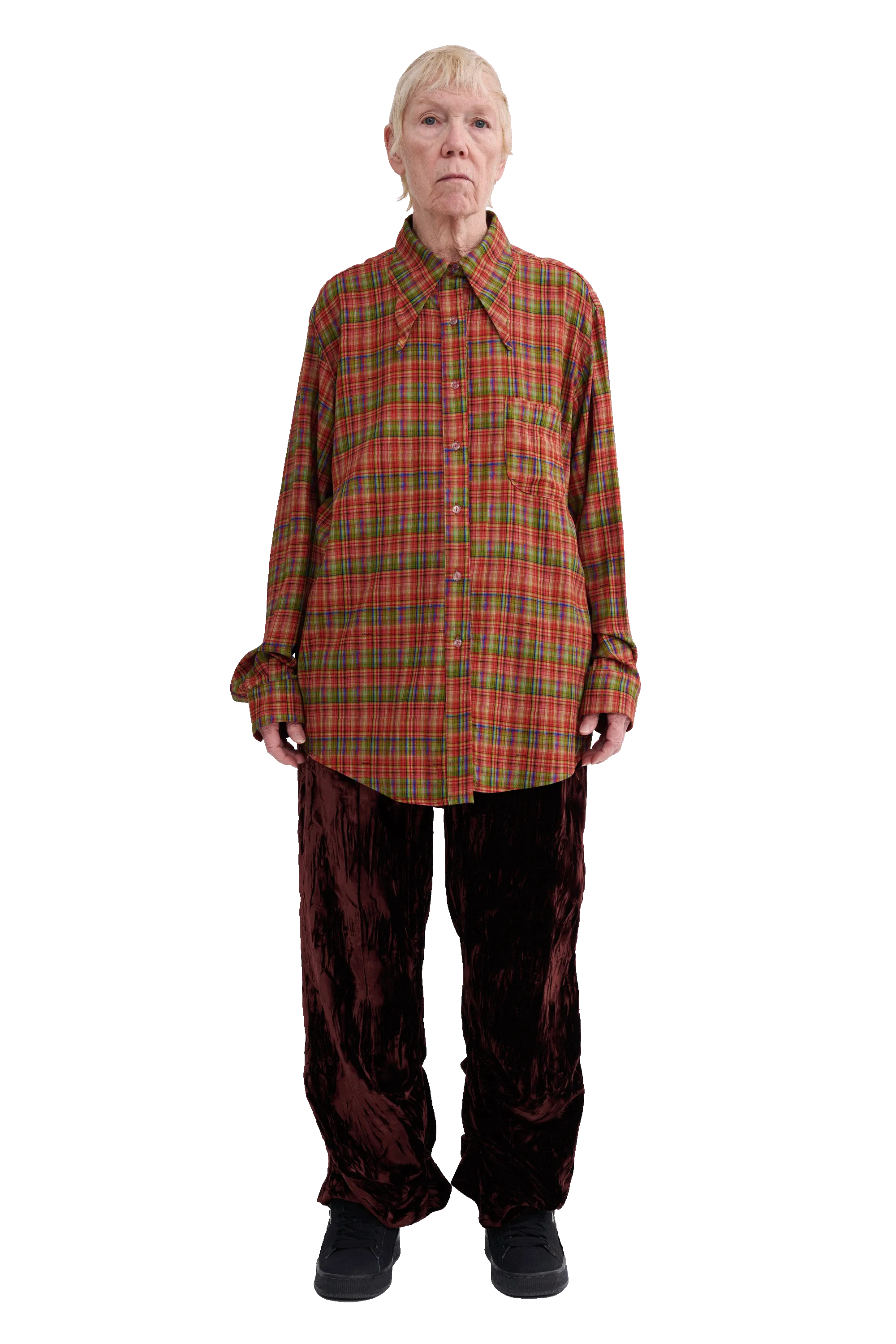 RED PLAID BAT BUTTON UP