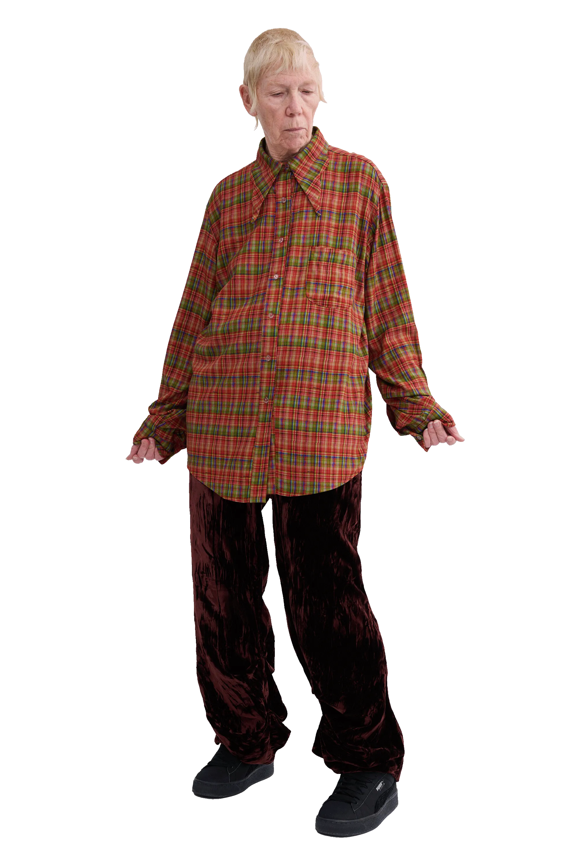 RED PLAID BAT BUTTON UP