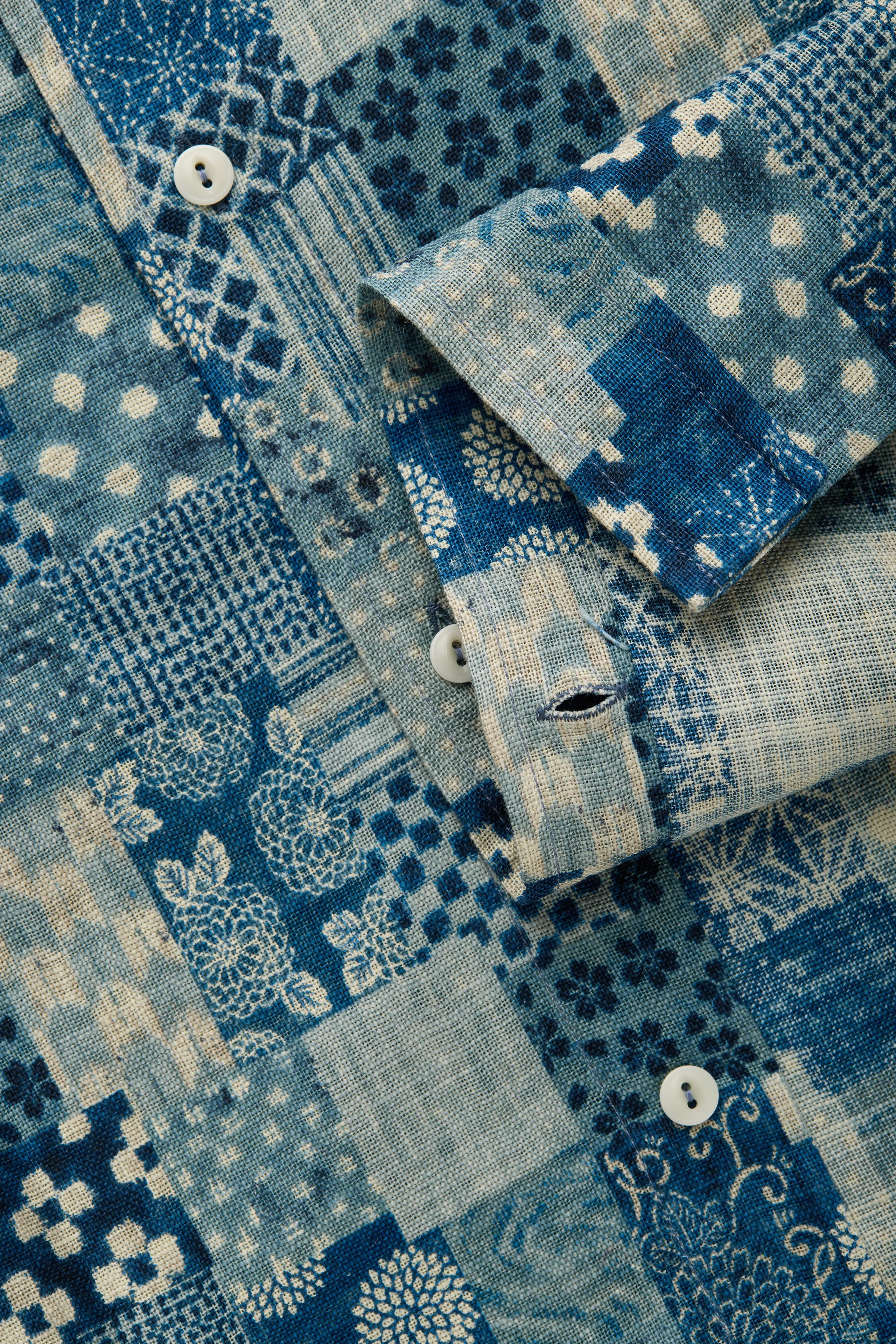 Regular Short Sleeve Cotton Shirt Blue Patchwork