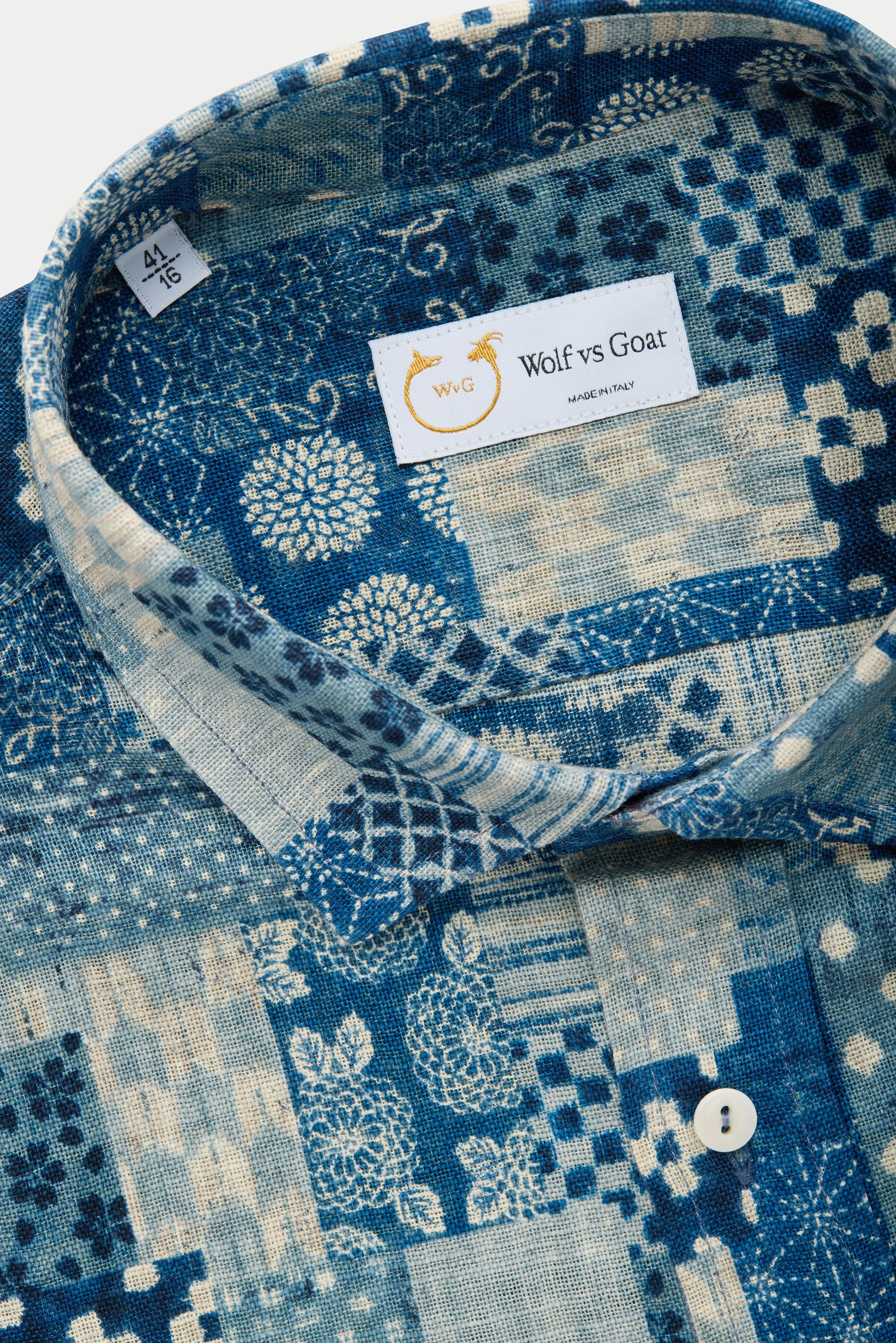 Regular Short Sleeve Cotton Shirt Blue Patchwork