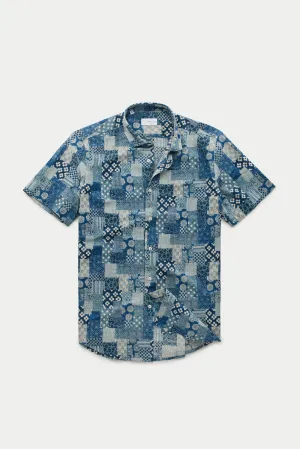 Regular Short Sleeve Cotton Shirt Blue Patchwork
