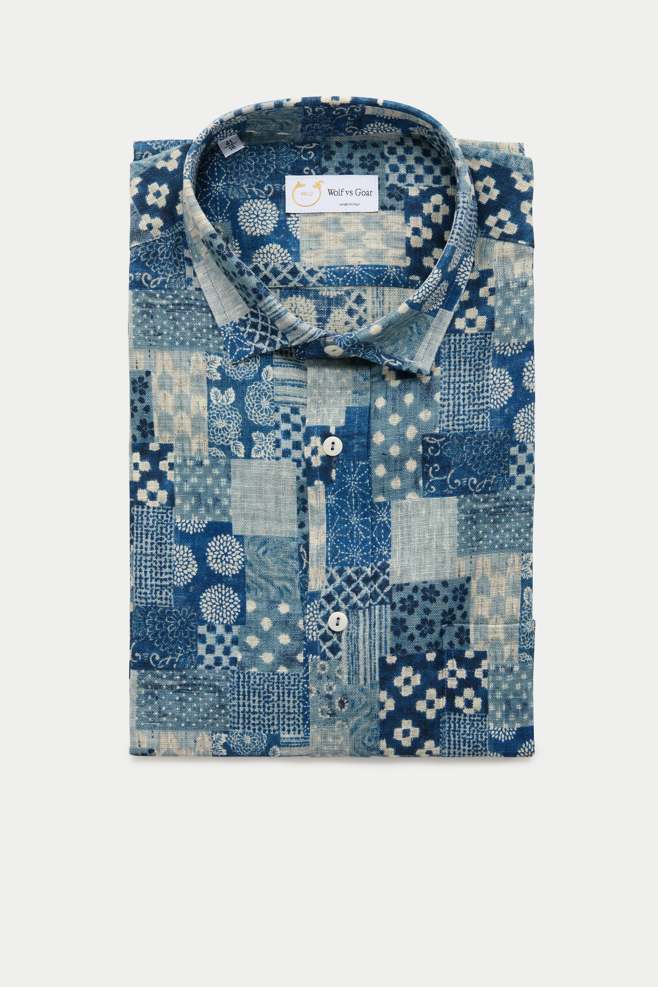 Regular Short Sleeve Cotton Shirt Blue Patchwork