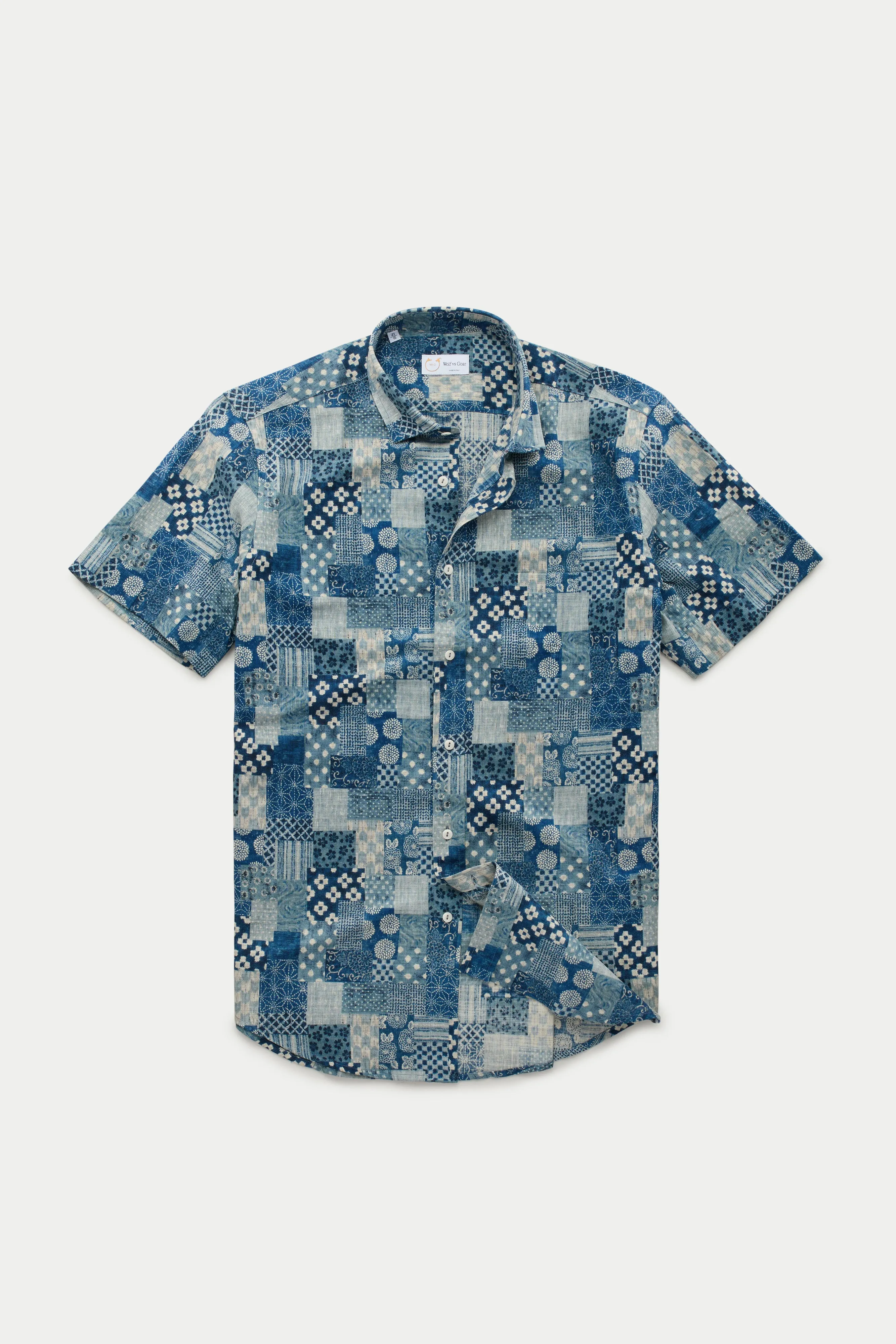 Regular Short Sleeve Cotton Shirt Blue Patchwork