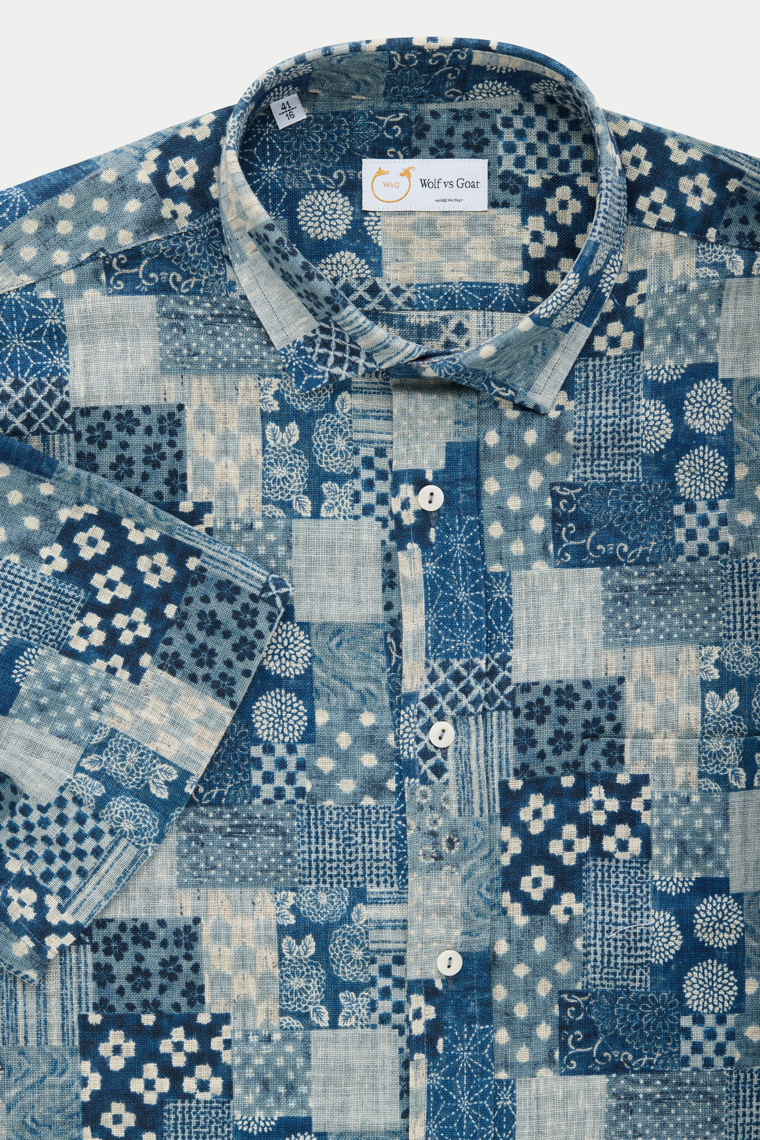 Regular Short Sleeve Cotton Shirt Blue Patchwork