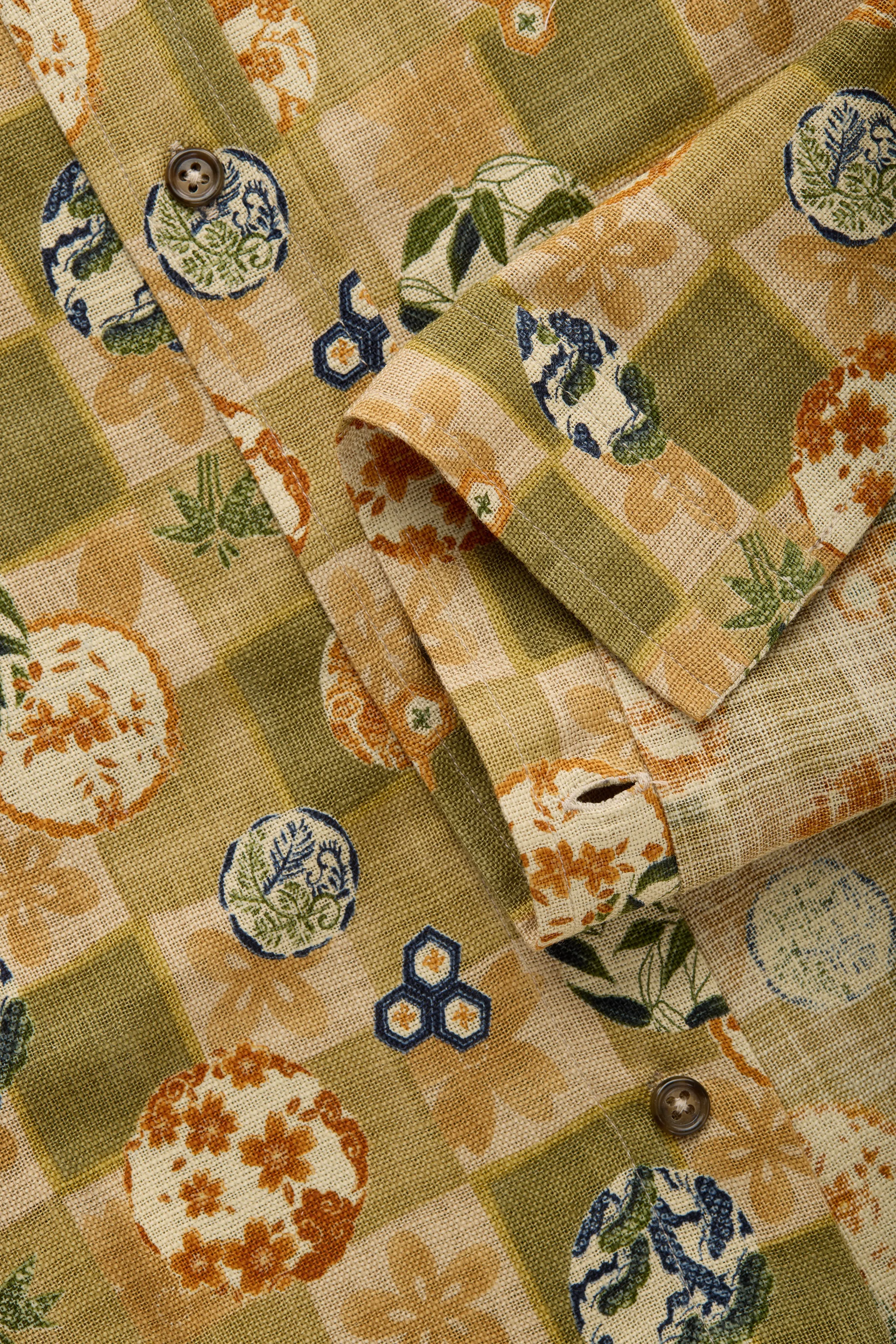 Regular Short Sleeve Cotton Shirt Green Patchwork