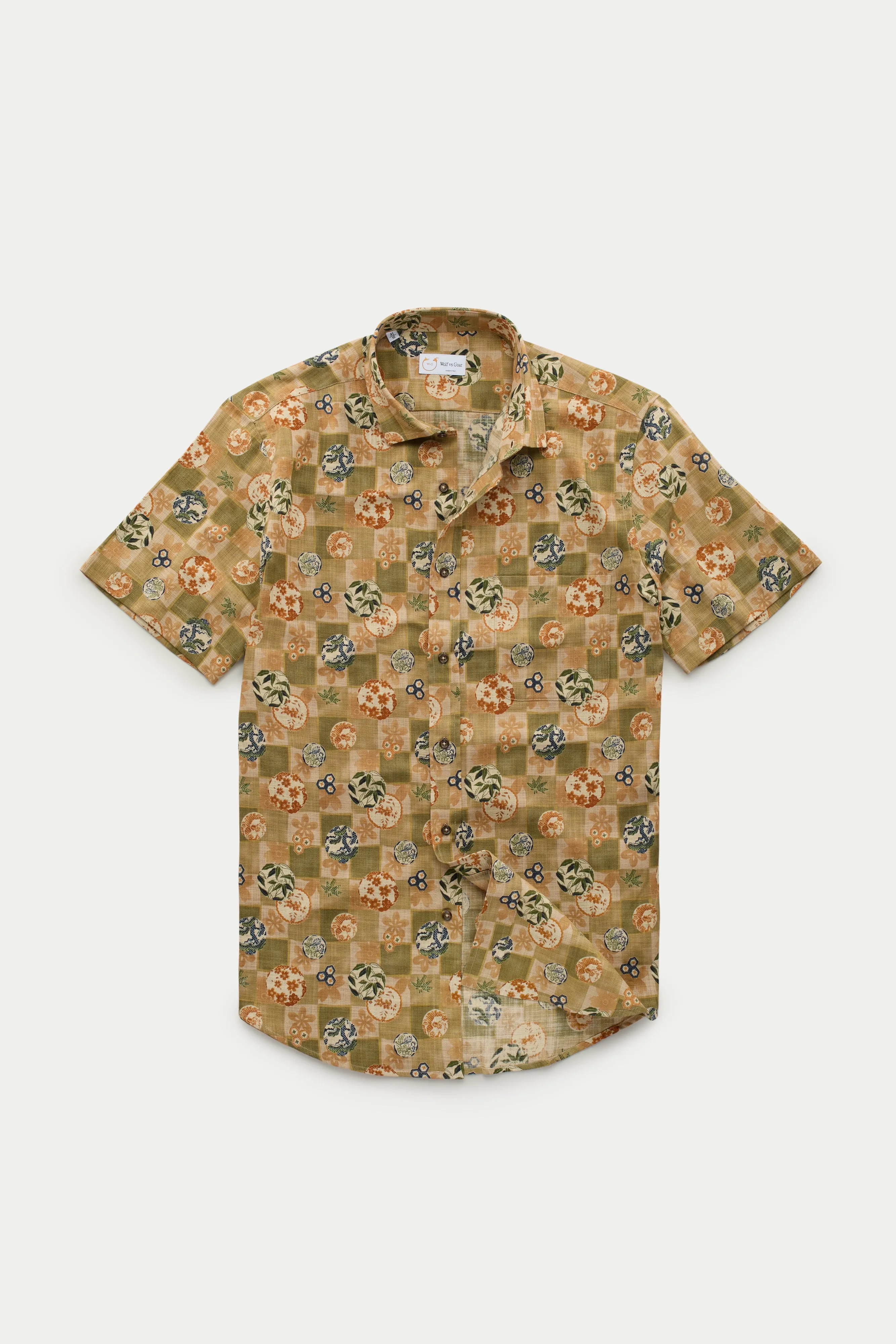 Regular Short Sleeve Cotton Shirt Green Patchwork