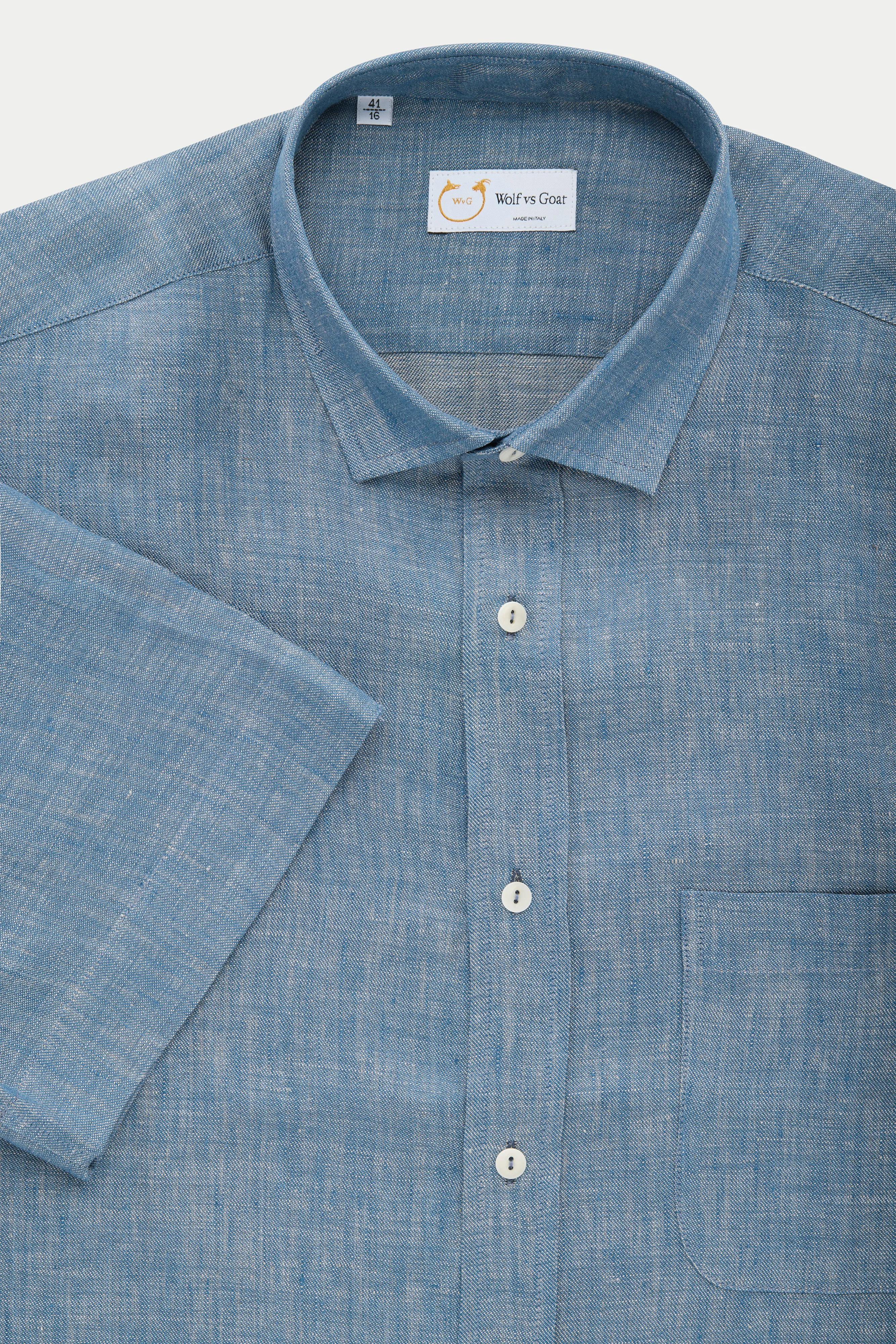 Regular Short Sleeve Linen Shirt Chambray Blue