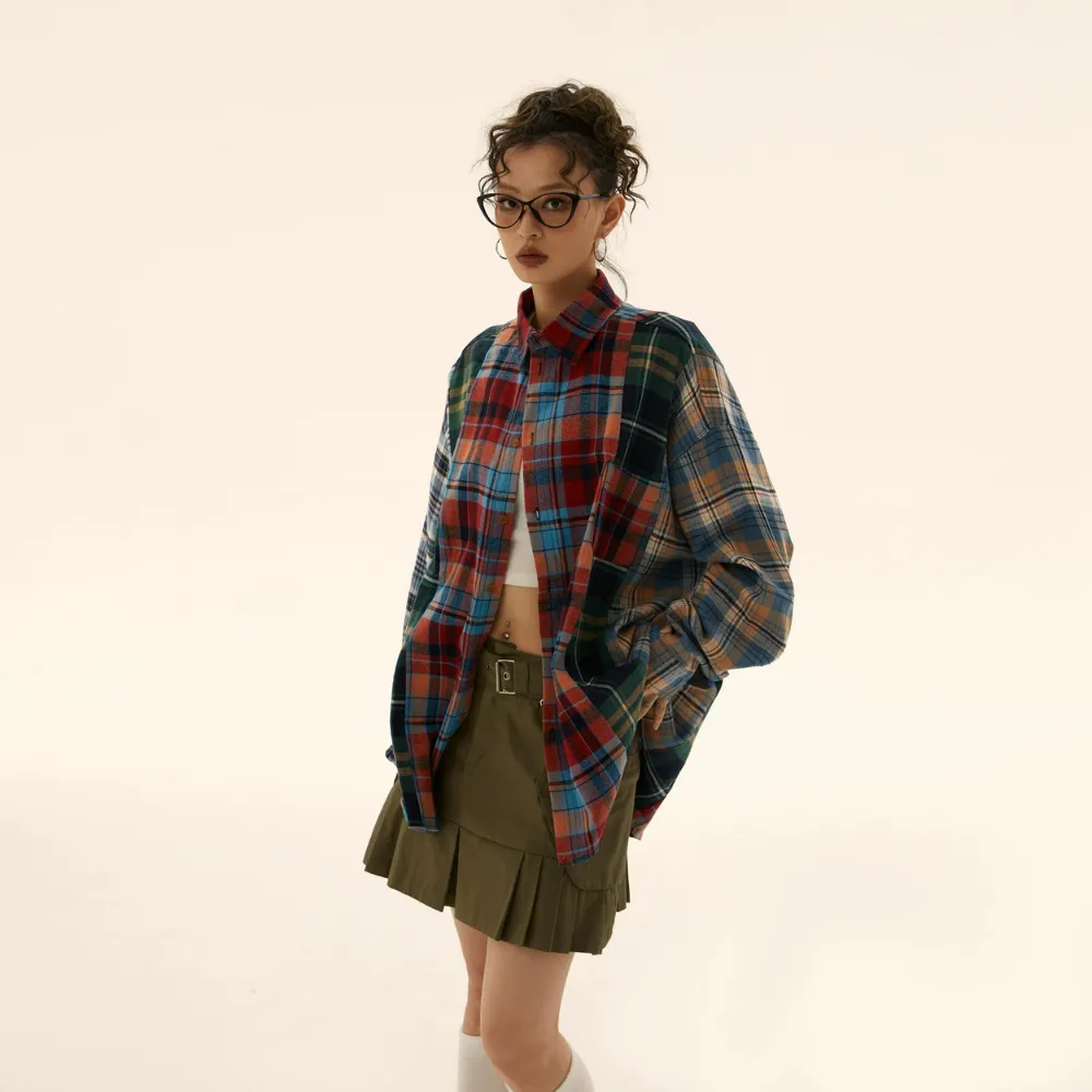 Retro Stitching Plaid Long Sleeves Shirt