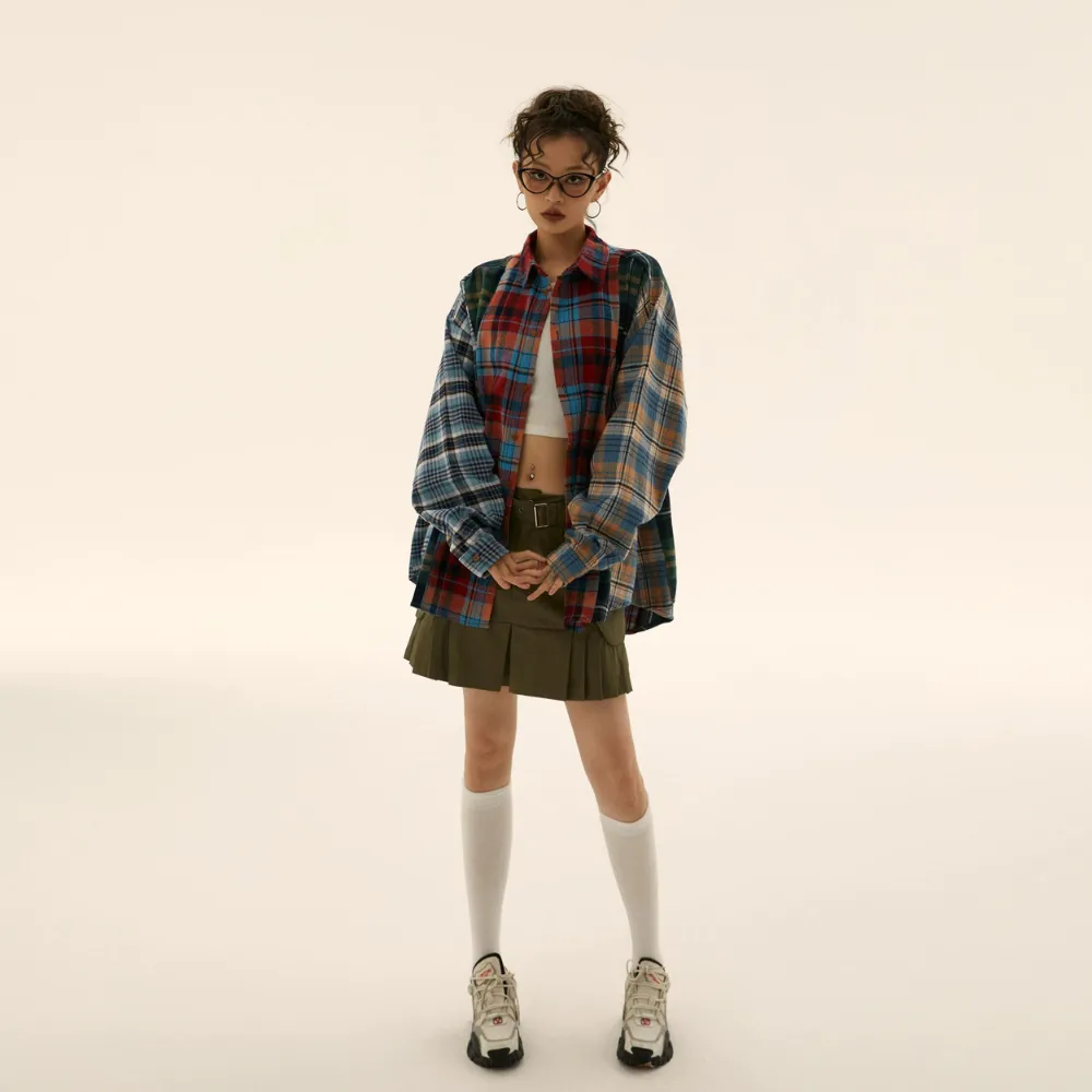 Retro Stitching Plaid Long Sleeves Shirt