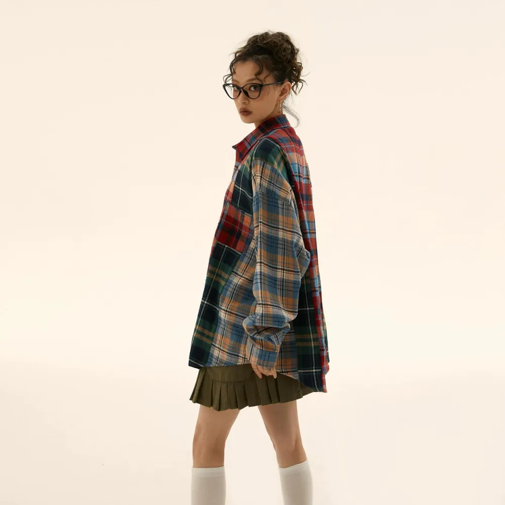 Retro Stitching Plaid Long Sleeves Shirt