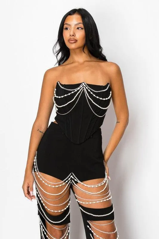 RHINESTONE PERAL CORSET AND CUTUP JEAN SET