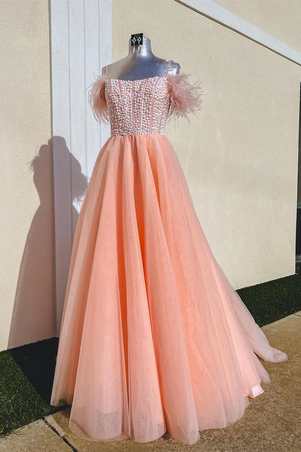 Royal Blue A-line Scoop Neck Rhinestone Long Prom Dress with Feathers