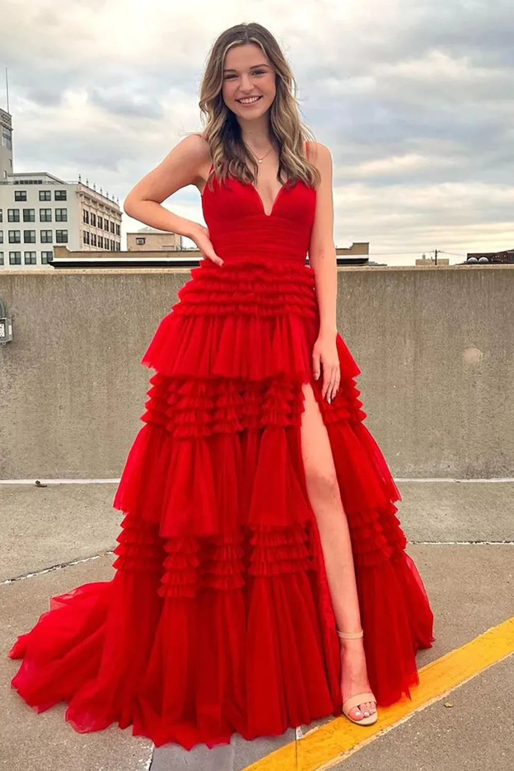 Roycebridal Tulle Deep V Neck Spaghetti Straps Long Prom Dress