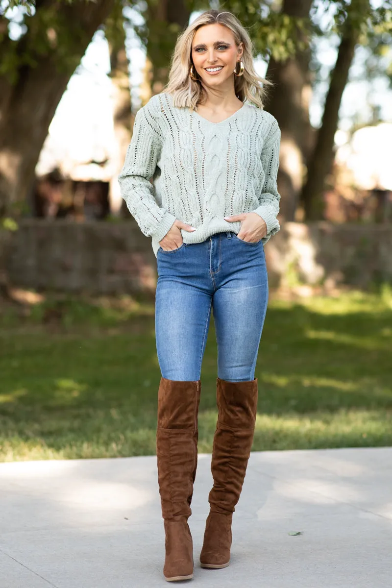 Sage Cable Knit V-Neck Sweater