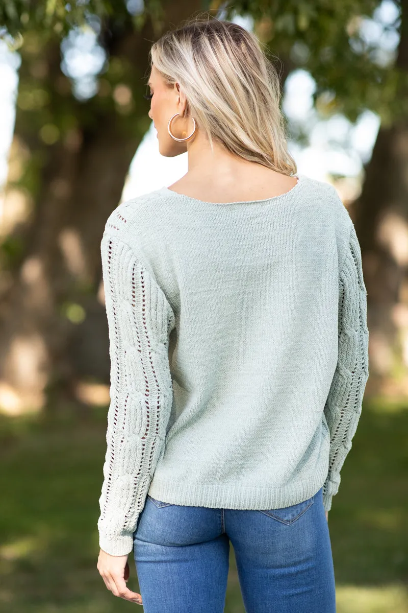 Sage Cable Knit V-Neck Sweater