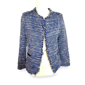 SANDRO Blue Fringe Tweed Distressed Lined Hook Up Jacket Top Size 36