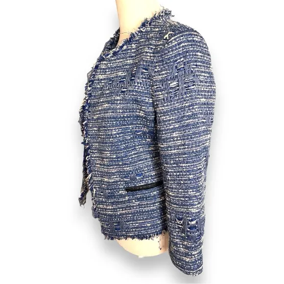 SANDRO Blue Fringe Tweed Distressed Lined Hook Up Jacket Top Size 36