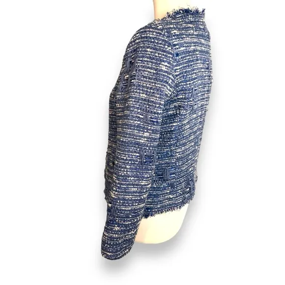 SANDRO Blue Fringe Tweed Distressed Lined Hook Up Jacket Top Size 36