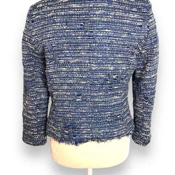 SANDRO Blue Fringe Tweed Distressed Lined Hook Up Jacket Top Size 36