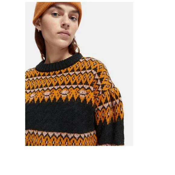 Scotch &amp; Soda Amsterdam Wool Blend Cable Knit Fair Isle Sweater Black Sky