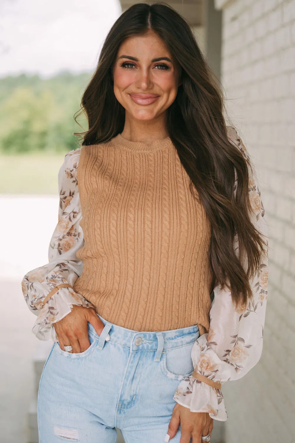 Sheepskin Floral Patchwork Ruffled Cuff Cable Knit Sweater