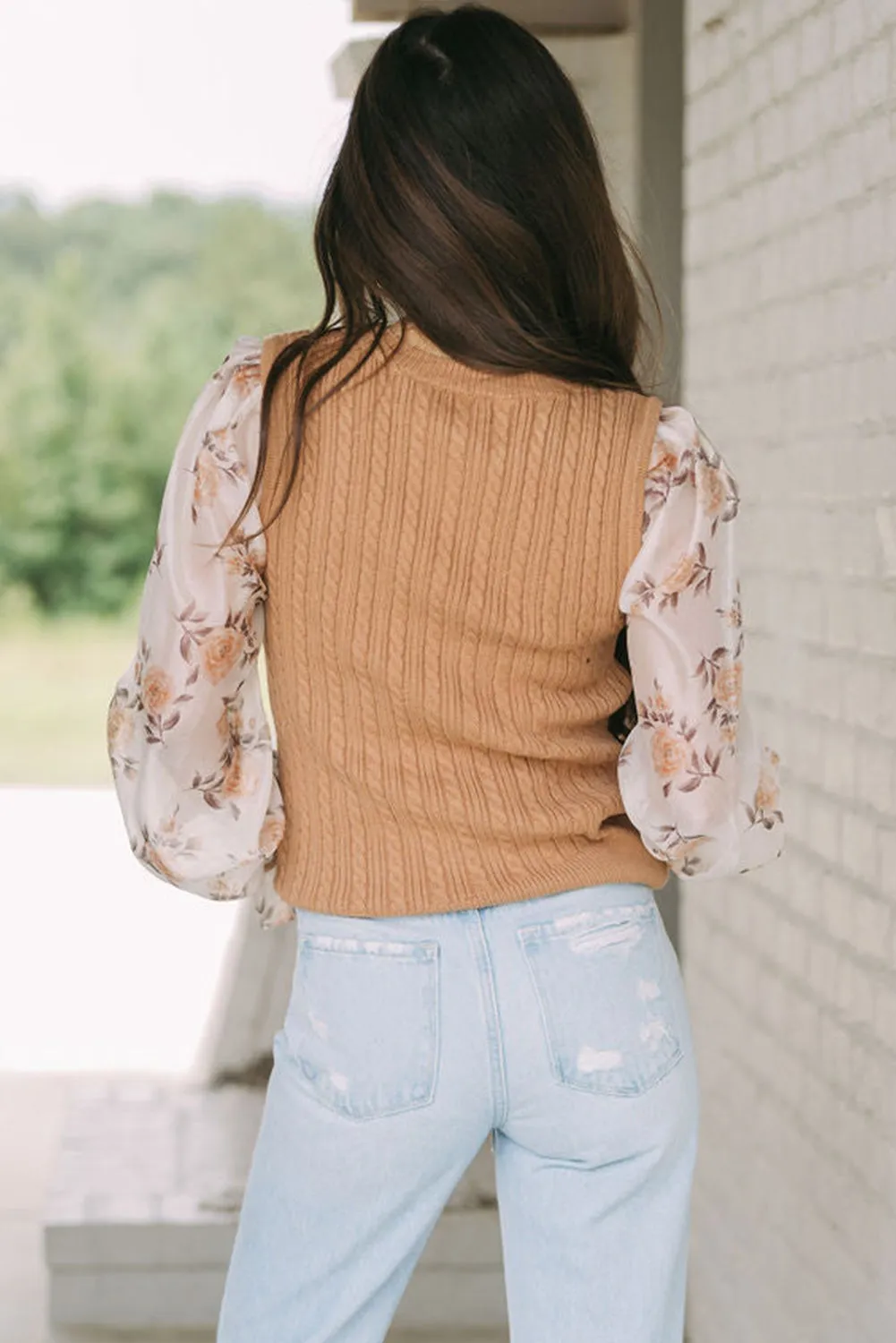 Sheepskin Floral Patchwork Ruffled Cuff Cable Knit Sweater