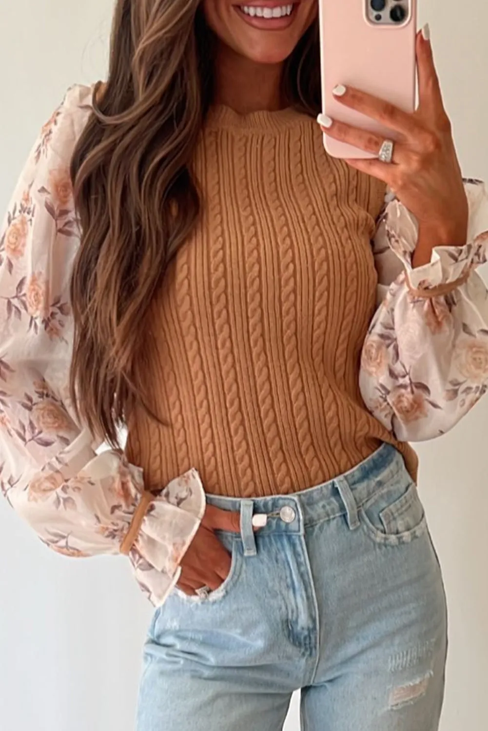 Sheepskin Floral Patchwork Ruffled Cuff Cable Knit Sweater