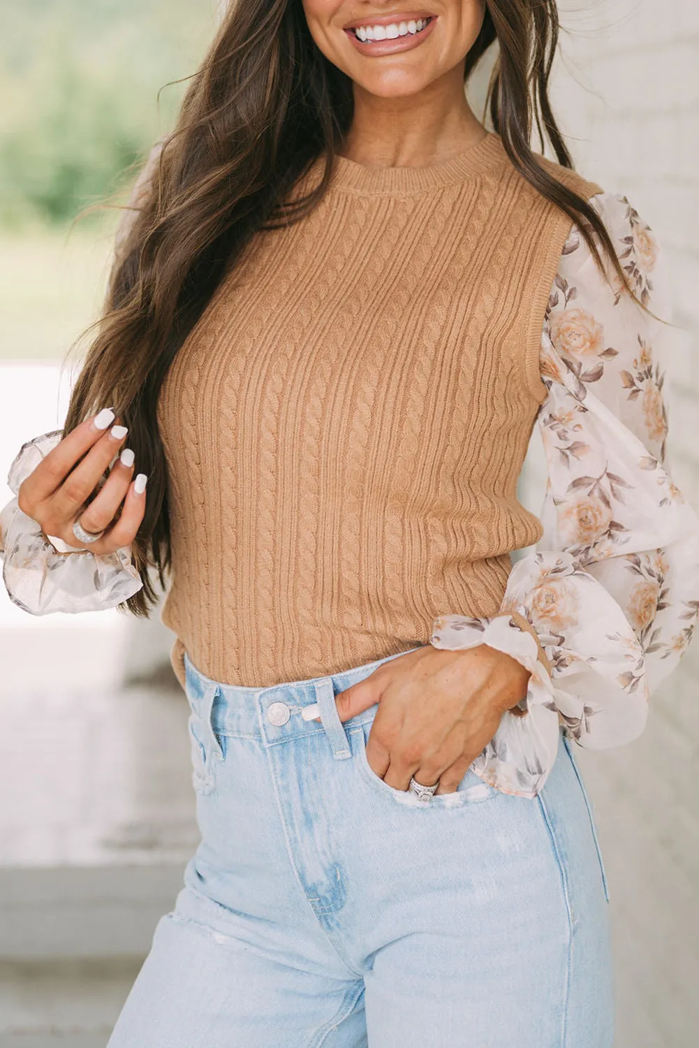 Sheepskin Floral Patchwork Ruffled Cuff Cable Knit Sweater