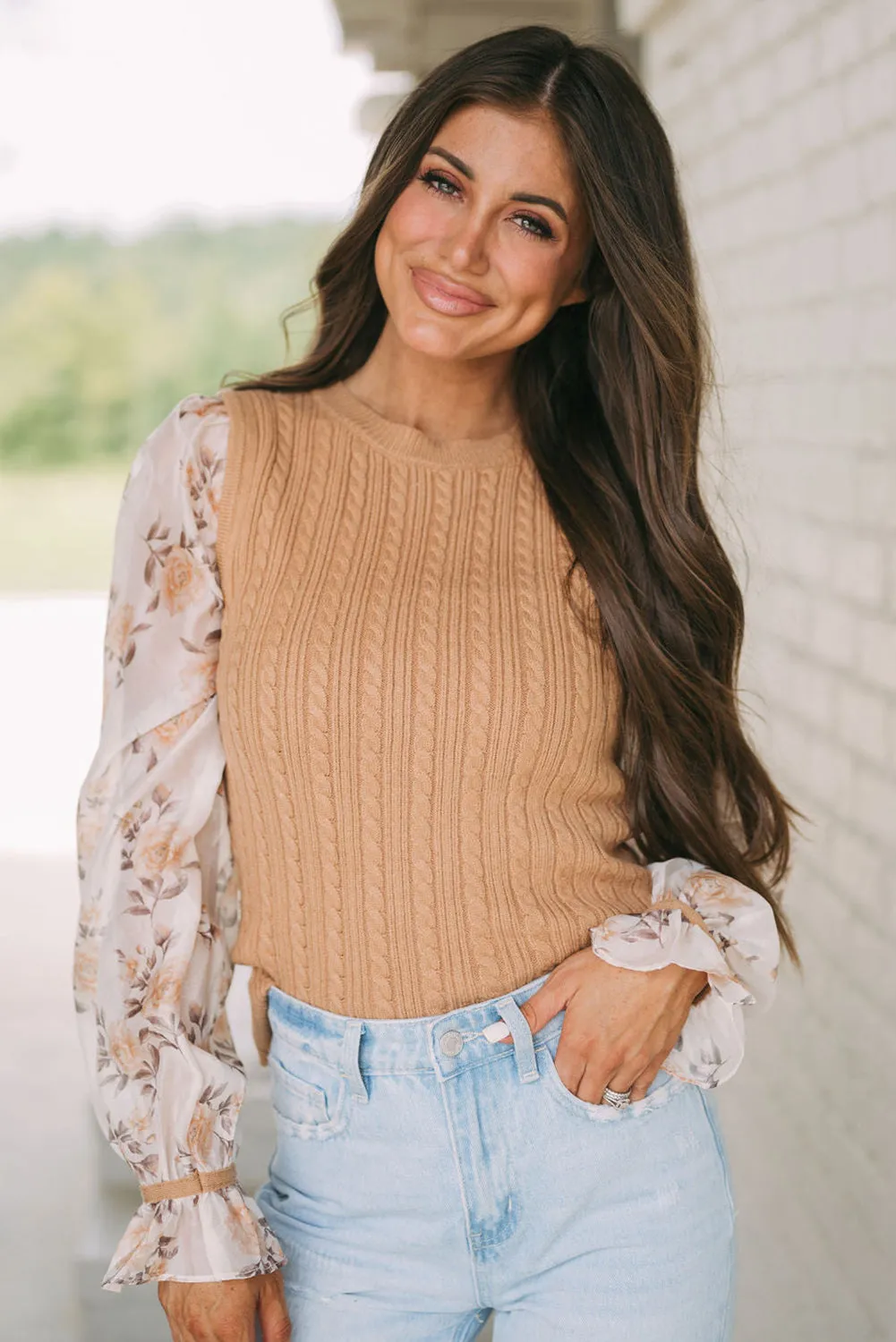 Sheepskin Floral Patchwork Ruffled Cuff Cable Knit Sweater
