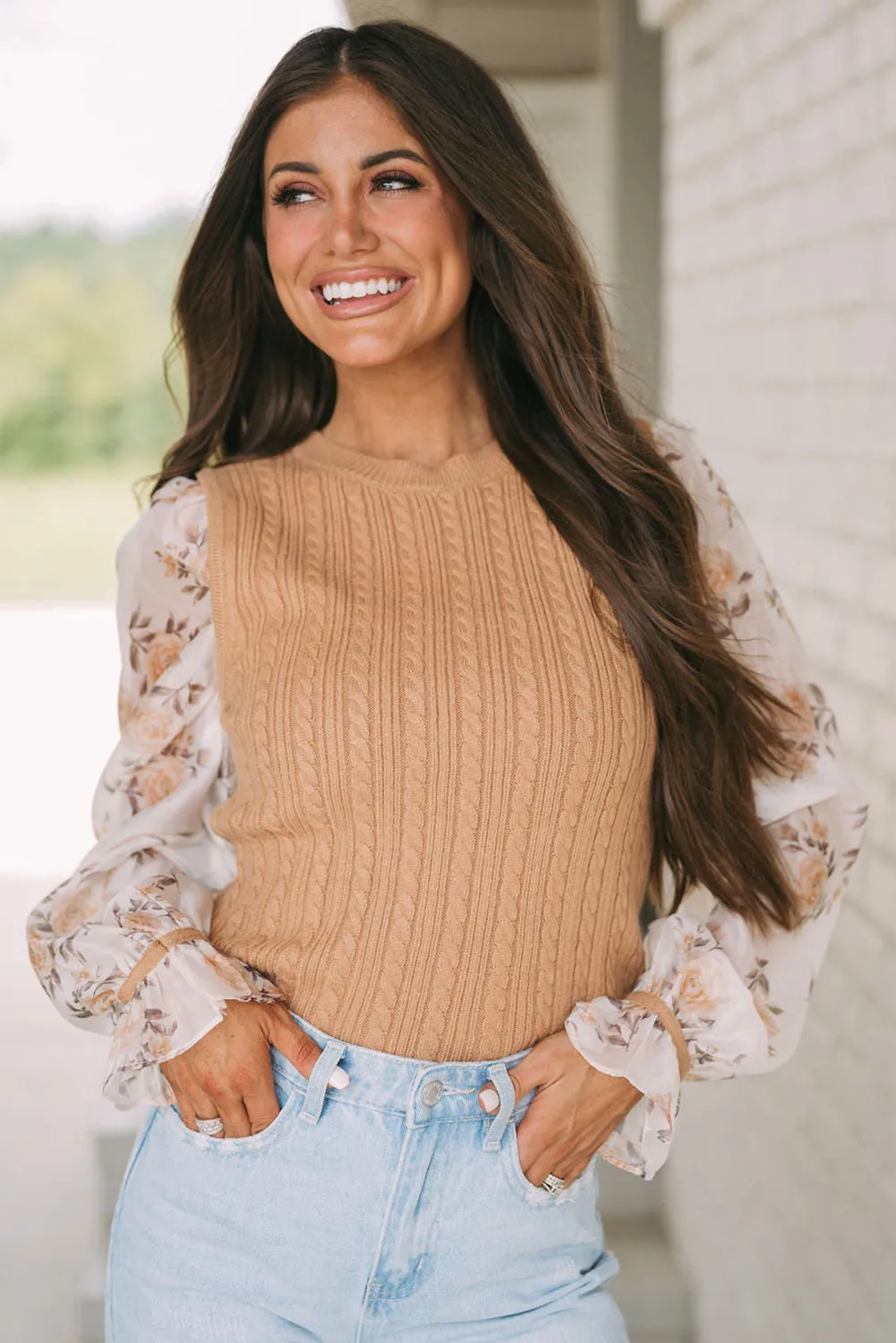 Sheepskin Floral Patchwork Ruffled Cuff Cable Knit Sweater