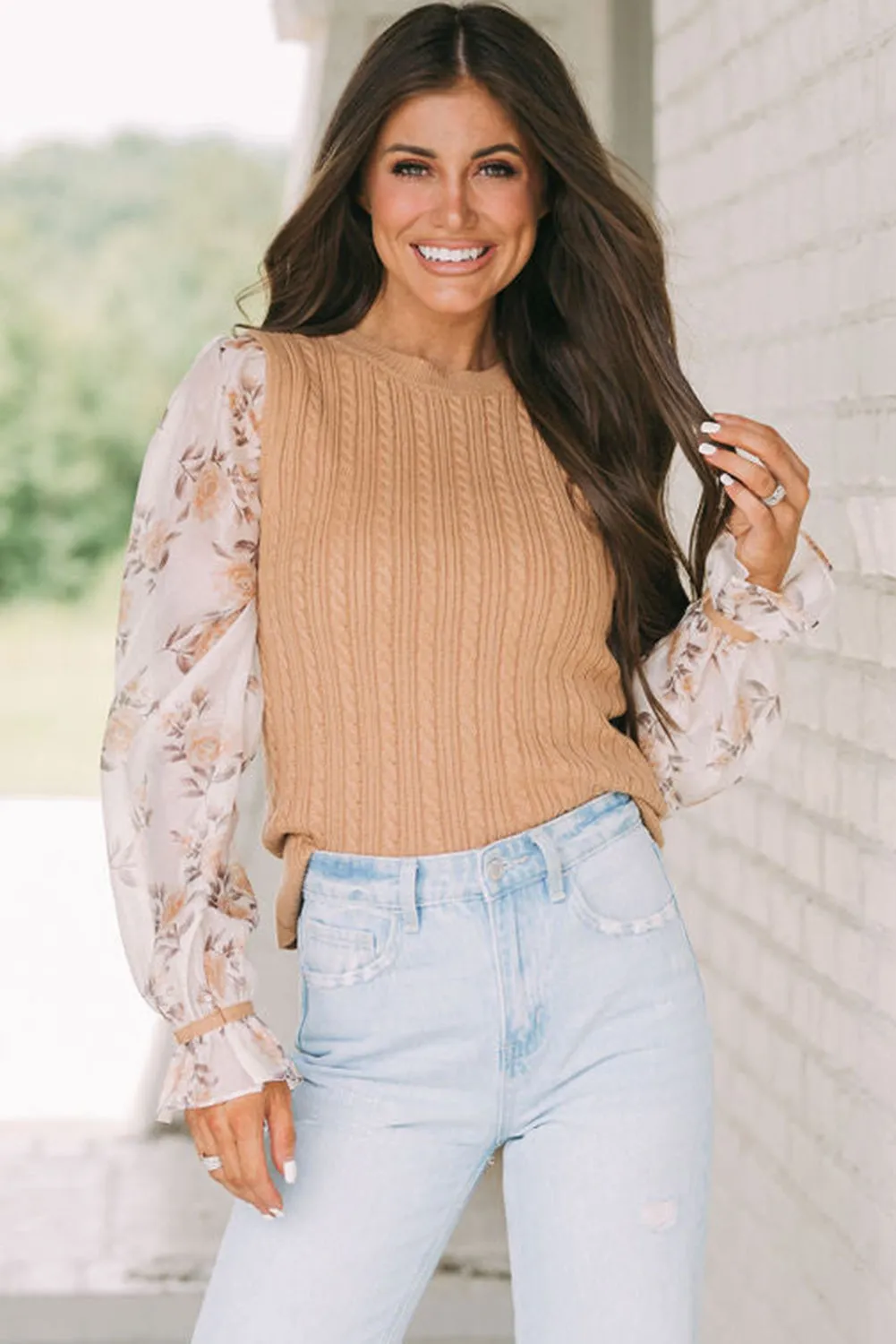 Sheepskin Floral Patchwork Ruffled Cuff Cable Knit Sweater