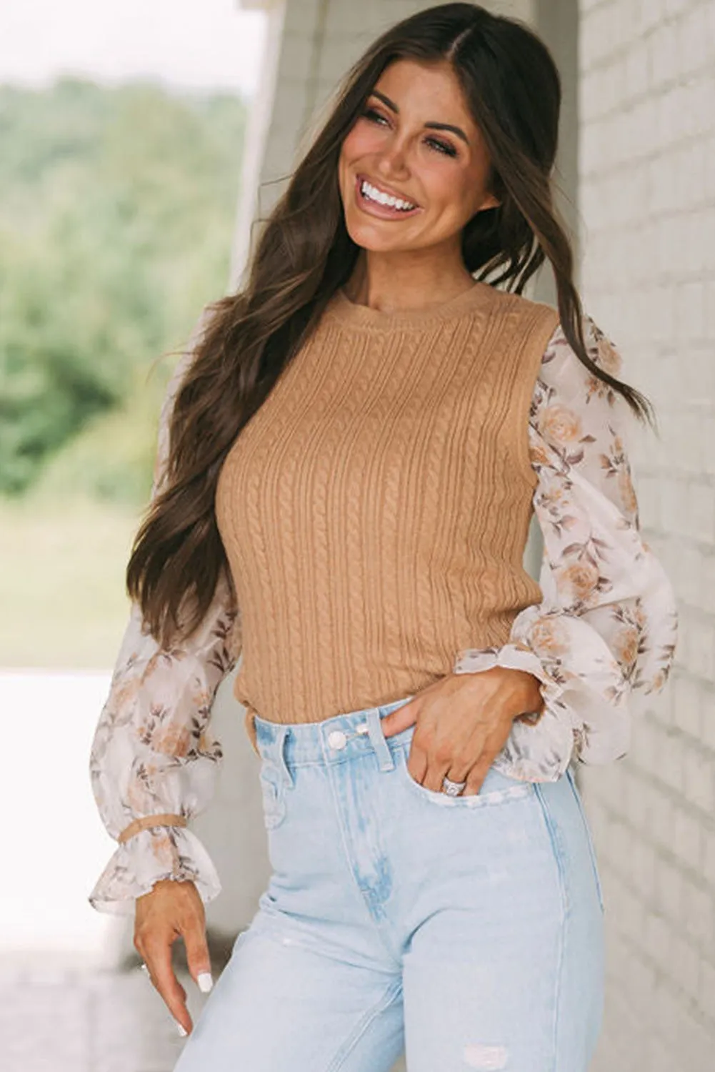 Sheepskin Floral Patchwork Ruffled Cuff Cable Knit Sweater