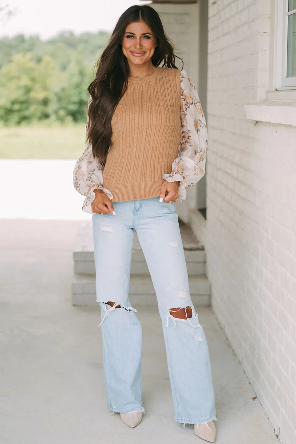 Sheepskin Floral Patchwork Ruffled Cuff Cable Knit Sweater