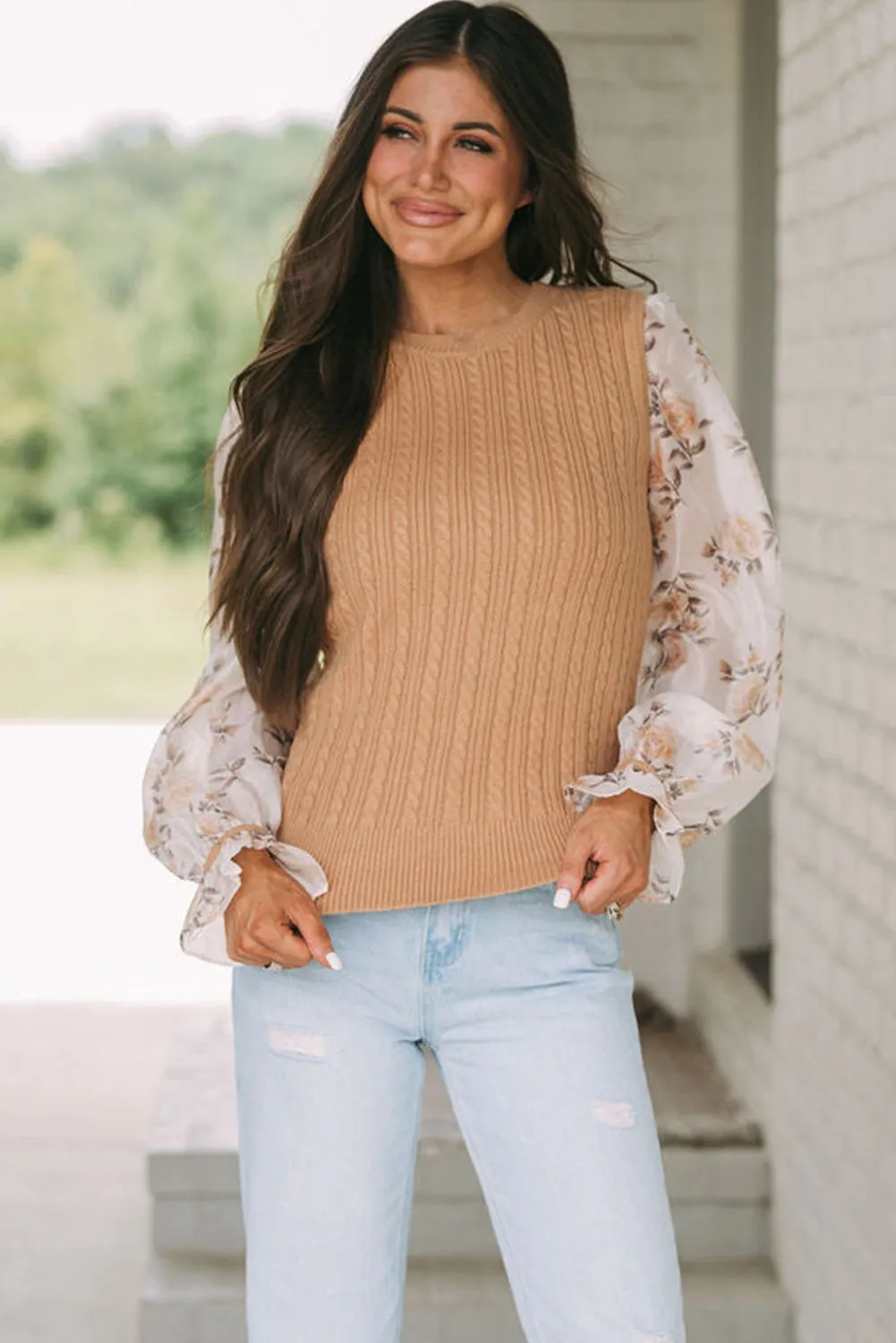 Sheepskin Floral Patchwork Ruffled Cuff Cable Knit Sweater