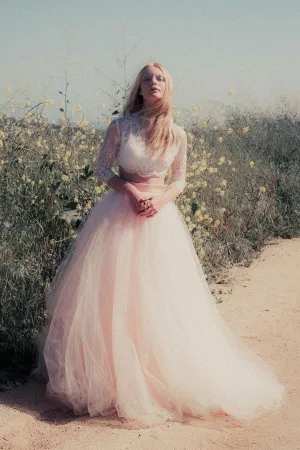 Sheer Lace Two Piece Wedding Dress Blush Pink Tulle Skirt
