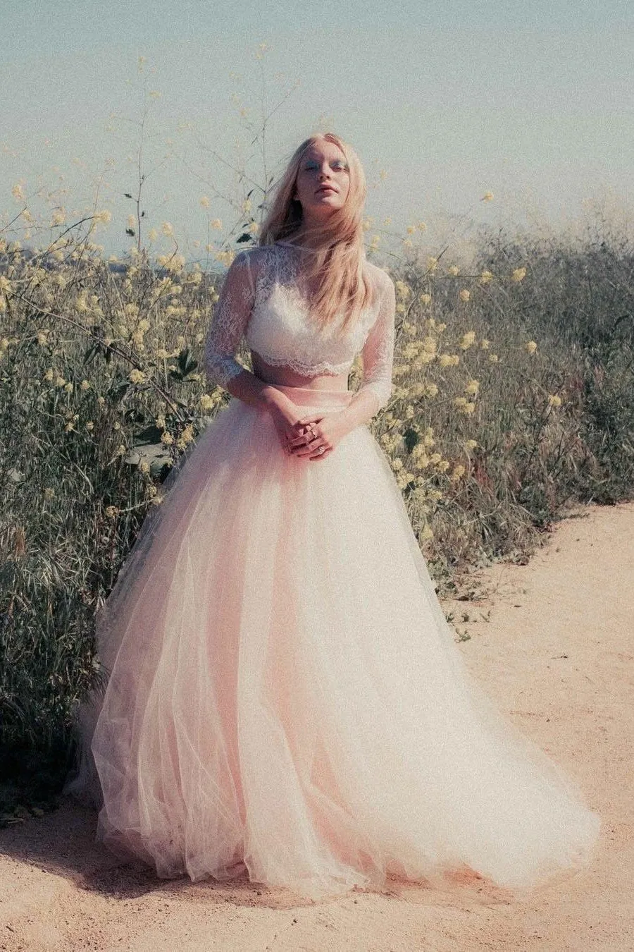 Sheer Lace Two Piece Wedding Dress Blush Pink Tulle Skirt