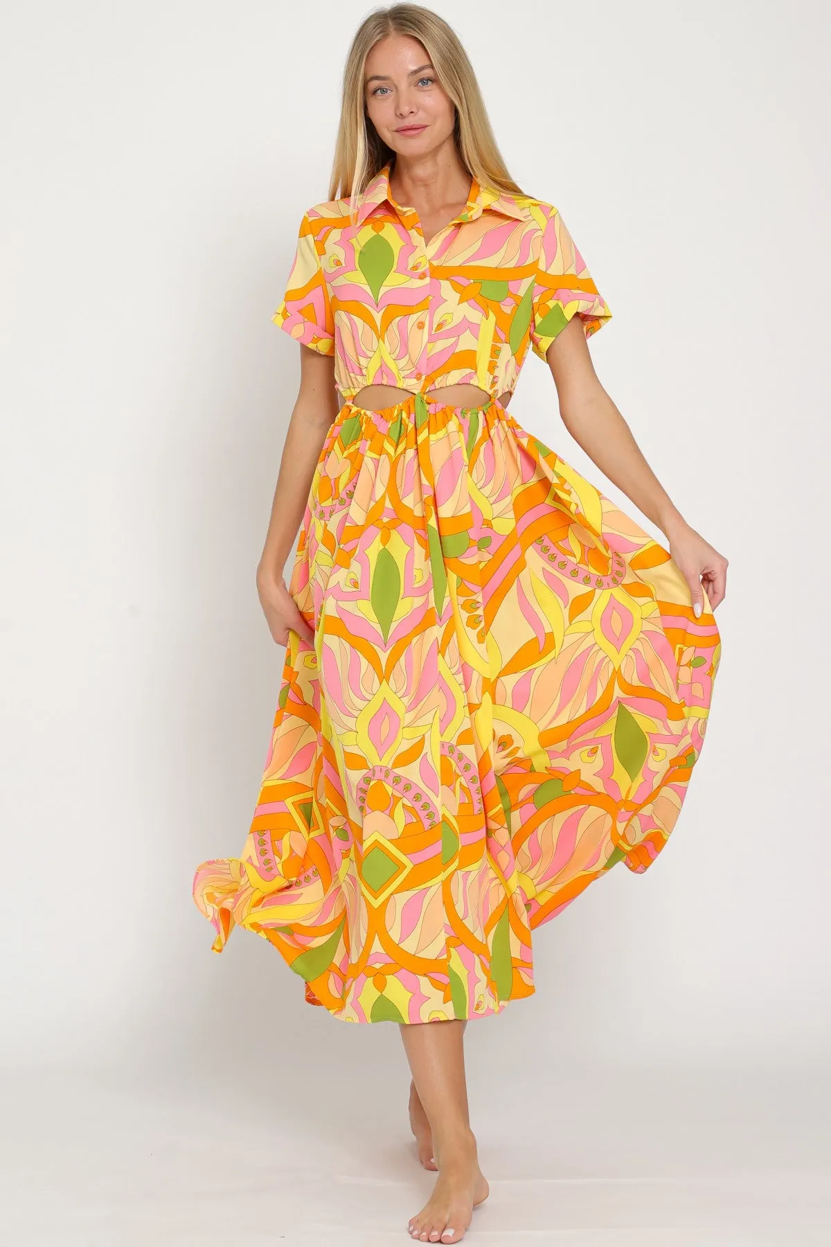Shirt yellow/tangerine print dress