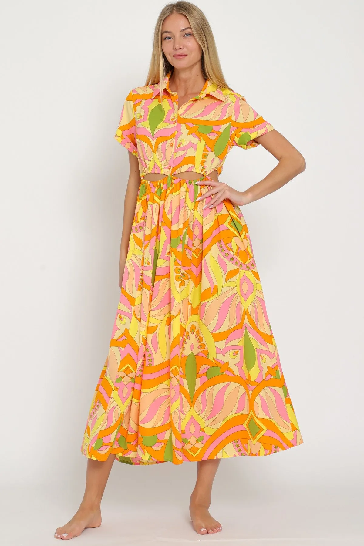 Shirt yellow/tangerine print dress