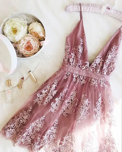Simple Tulle A Line Lace Appliqued V-neck Short Homecoming Dress,MH493