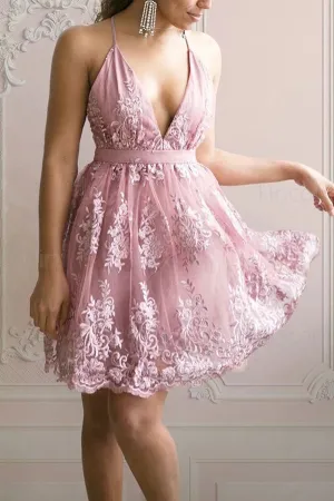 Simple Tulle A Line Lace Appliqued V-neck Short Homecoming Dress,MH493
