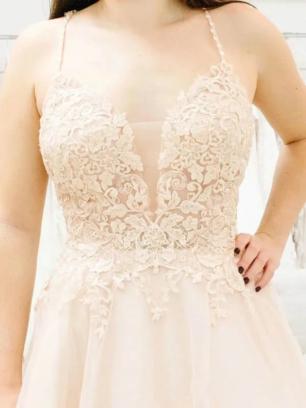 Simple Tulle Spaghetti Straps Illusion Plunging V-neck Wedding Dress,MW460