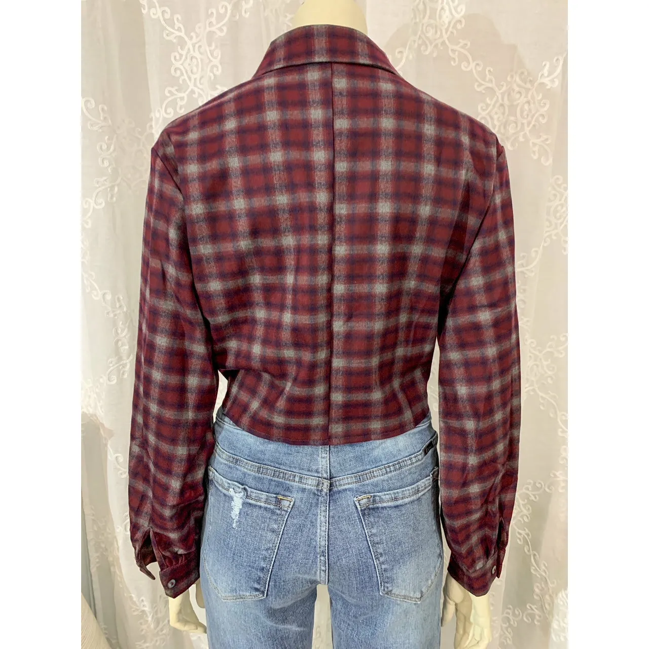 So Ready Woven Front Tie Plaid Shirt/ Top- Wine
