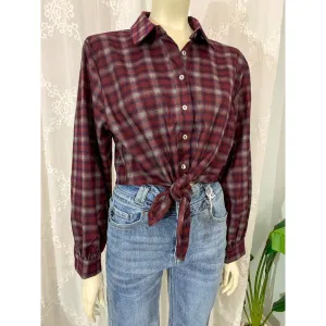 So Ready Woven Front Tie Plaid Shirt/ Top- Wine