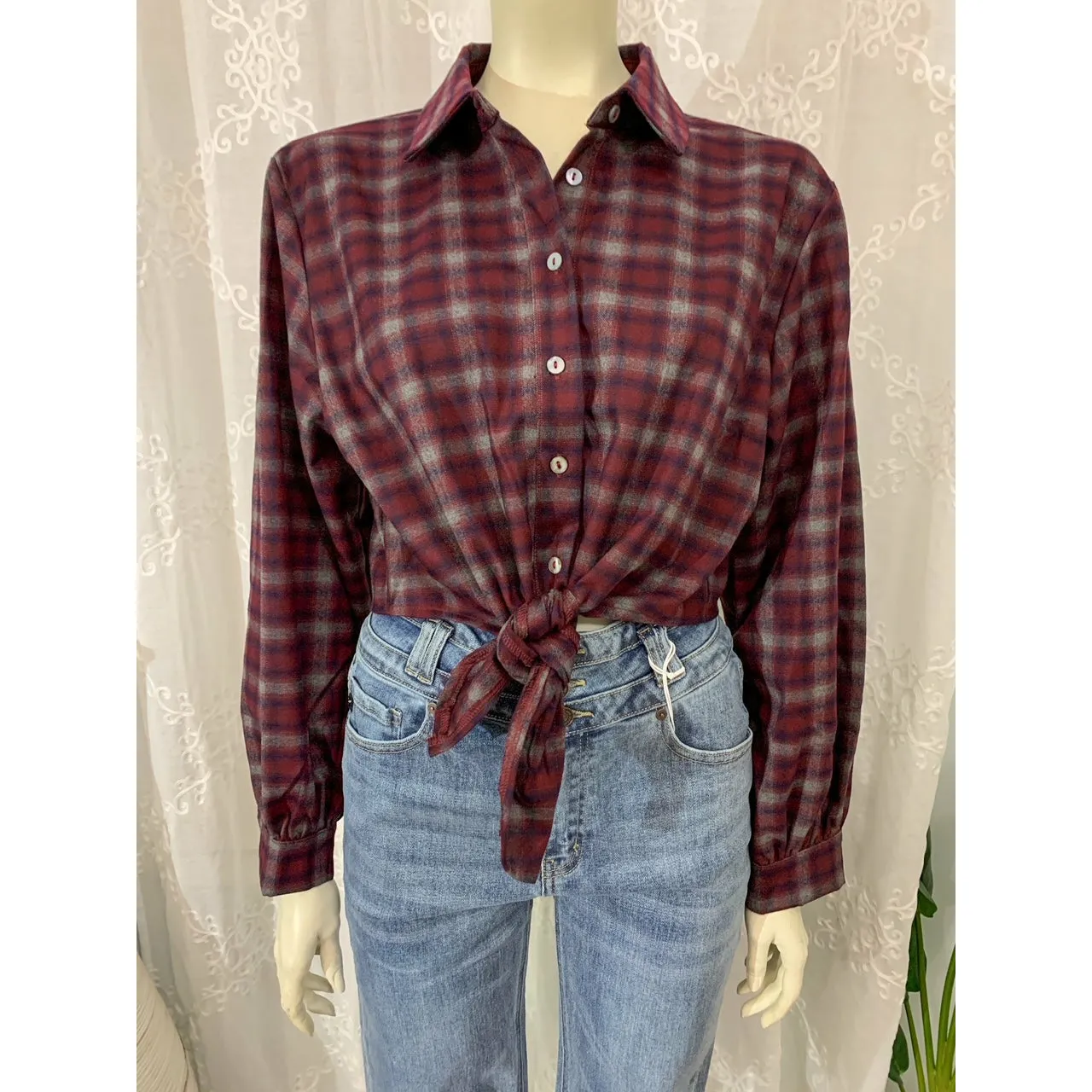 So Ready Woven Front Tie Plaid Shirt/ Top- Wine